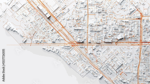 High-angle, close-up view of a detailed model representing an urban cityscape. The model is predominantly white with orange-toned lines representing roads and infrastructure.  The image shows a