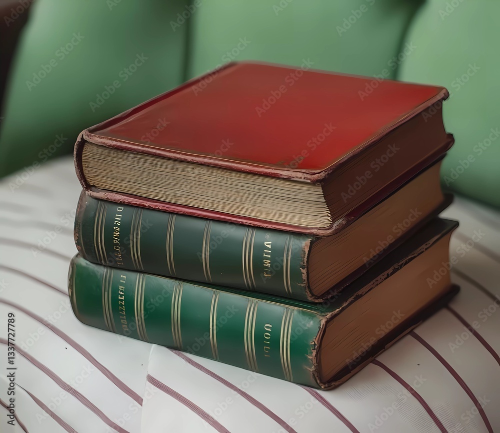 Red book with green leather spines on a striped chair, close-up