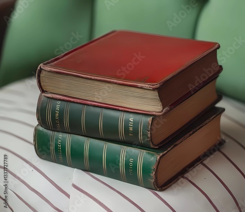 Obraz na płótnie Red book with green leather spines on a striped chair, close-up w salonie