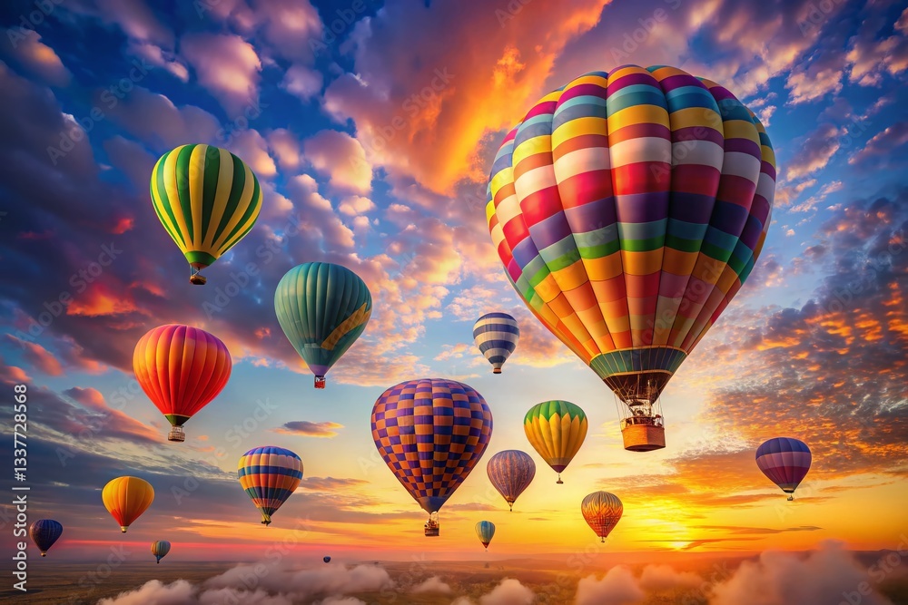 Naklejka premium Minimalist Colorful Hot Air Balloons Sunrise Sky Stock Photo