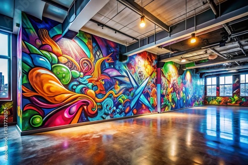 Minimalist Colorful Graffiti Mural in Empty Room - Stock Photo