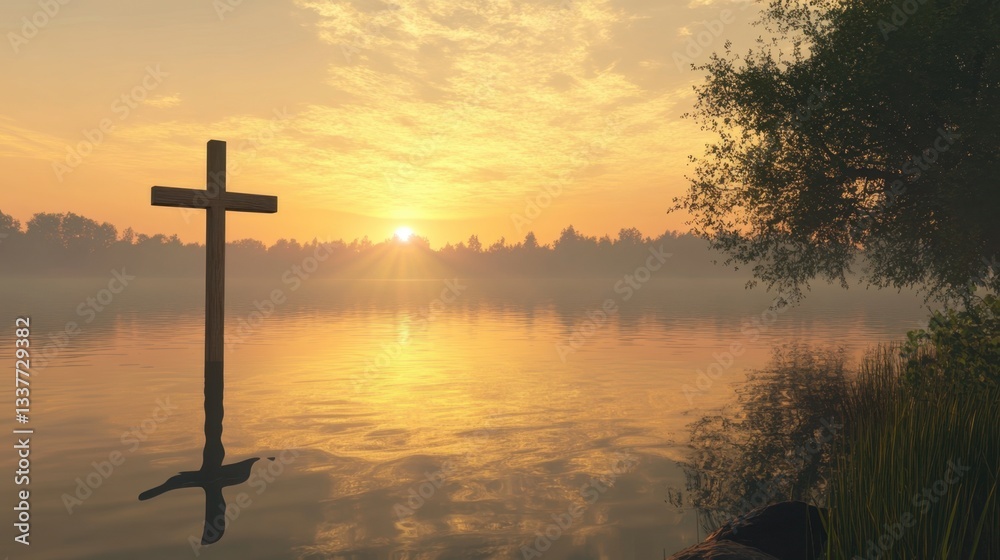 A wooden cross standing on a hill against a golden sunset, symbolizing faith and hope. A wooden cross standing on a hill against a golden sunset, symbolizing faith and hope.