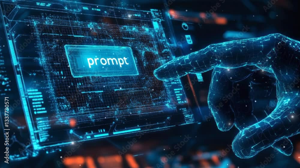 Futuristic AI prompt illustration in High-tech background concept. Ready to use command prompt box by hand robotic AI