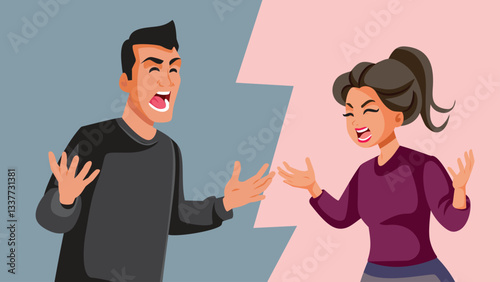 Couple in a Huge Fight Before Divorce Vector Cartoon Illustration. Husband and wife not standing each other yelling and screaming