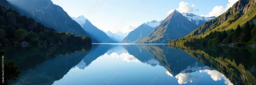 Naklejka premium Still waters of Mirror Lake, Taranaki's majestic reflection, sunset, still, forest