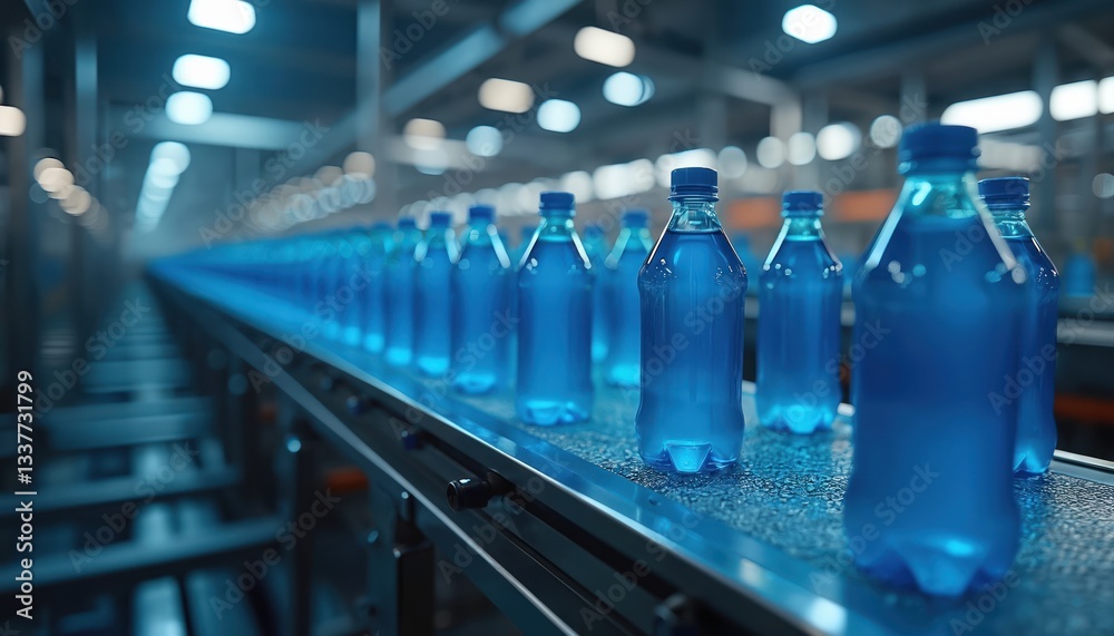 Blue plastic bottles move on conveyor belt beverage factory. Automatic bottling line. Liquid production, water manufacture process. Drink plant interior. Automated machinery, industrial equipment. Blue plastic bottles move on conveyor belt beverage factory. Automatic bottling line. Liquid production, water manufacture process. Drink plant interior. Automated machinery, industrial equipment.