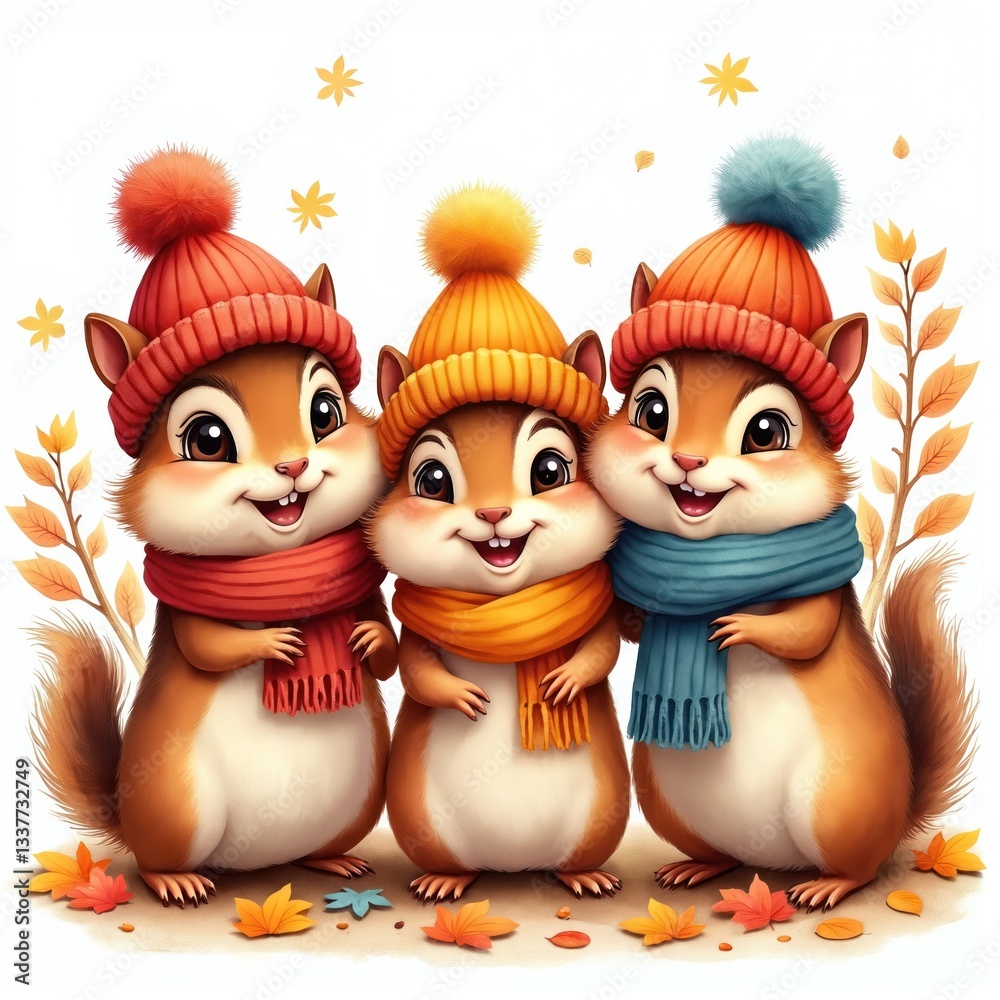 Three cute chipmunks wearing colorful knitted hats, scarves, celebrating autumn season with watercolor backdrop. Adorable animals friends in warm clothes. Festive, cheerful mood, snug critters Three cute chipmunks wearing colorful knitted hats, scarves, celebrating autumn season with watercolor backdrop. Adorable animals friends in warm clothes. Festive, cheerful mood, snug critters