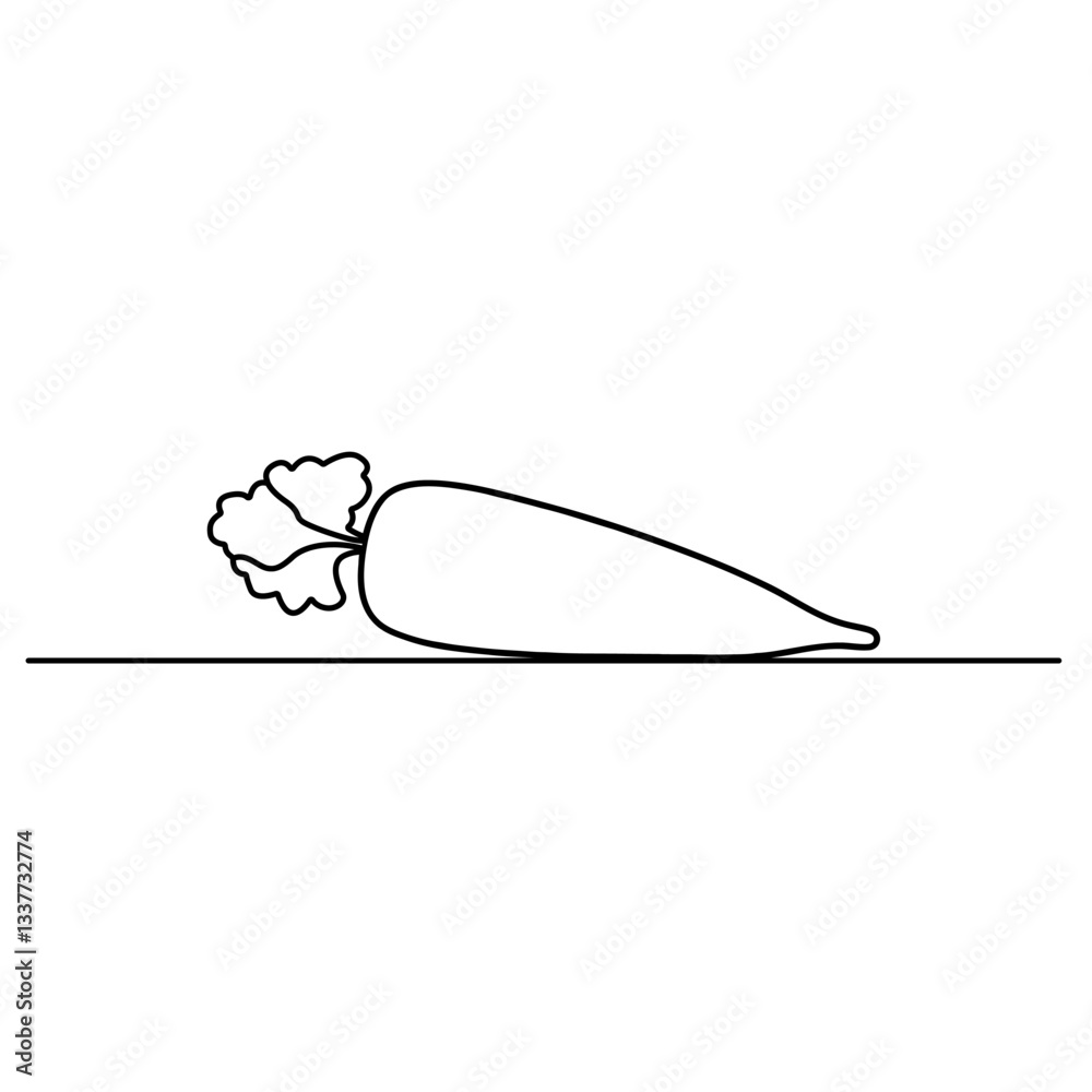 An isolated carrot outline vector illustration with a continuous one-line design. Growing carrot plants with a minimalist outline vector