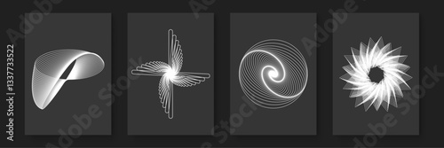 creatively arranged abstract compositions display complex geometric patterns in black and white, emphasizing depth and movement through lines and curves poster vector background