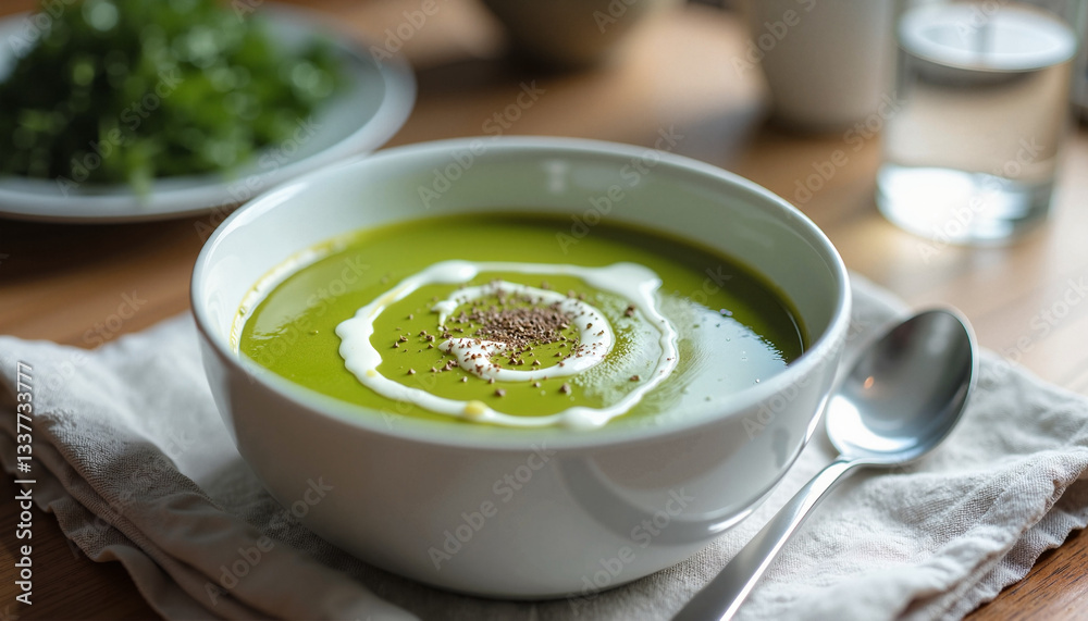 a vibrant green asparagus soup in a minimalist white bowl, topped with a swirl of cream and freshly ground black pepper, placed on a linen napkin with a spoon beside it a vibrant green asparagus soup in a minimalist white bowl, topped with a swirl of cream and freshly ground black pepper, placed on a linen napkin with a spoon beside it
