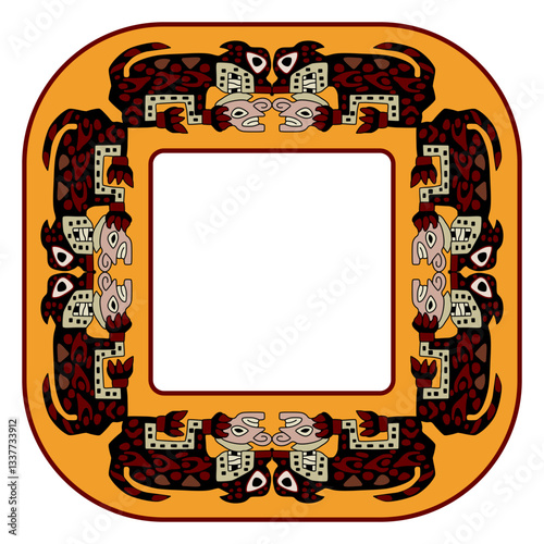 Rectangular ethnic animal frame with wild cats holding human heads. Native American design from ancient Peru. Wari or Huari Andean culture. 
