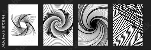 dynamic black and white abstract line patterns showcasing intricate line, spirals and curves in unique designs poster vector background. Ideal design for social media, banner, ads