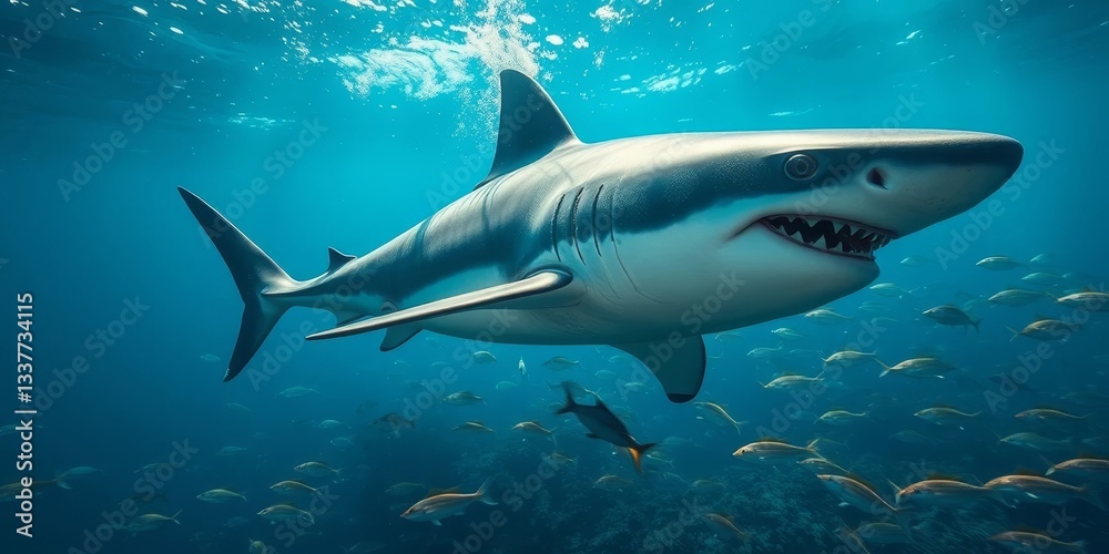 Fototapeta premium Majestic Great White Shark Underwater Scene A Powerful Apex Predator Surrounded by Smaller Fish in a Vibrant Ocean
