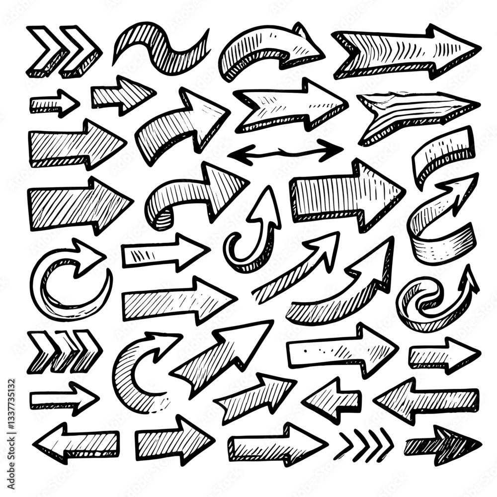 Set of black hand drawn arrows in multiple shapes Set of black hand drawn arrows in multiple shapes