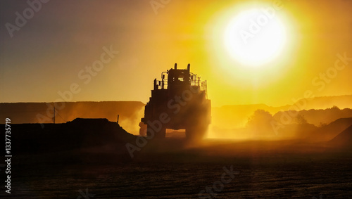 Bilde på lerret silhouette of truck mining equipment and front loader at a diamond mine ,outdoor