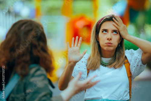 Woman Tired of Fighting Asking her Friend to Stop. People in an argument looking for reconciliation after divergence of opinions
