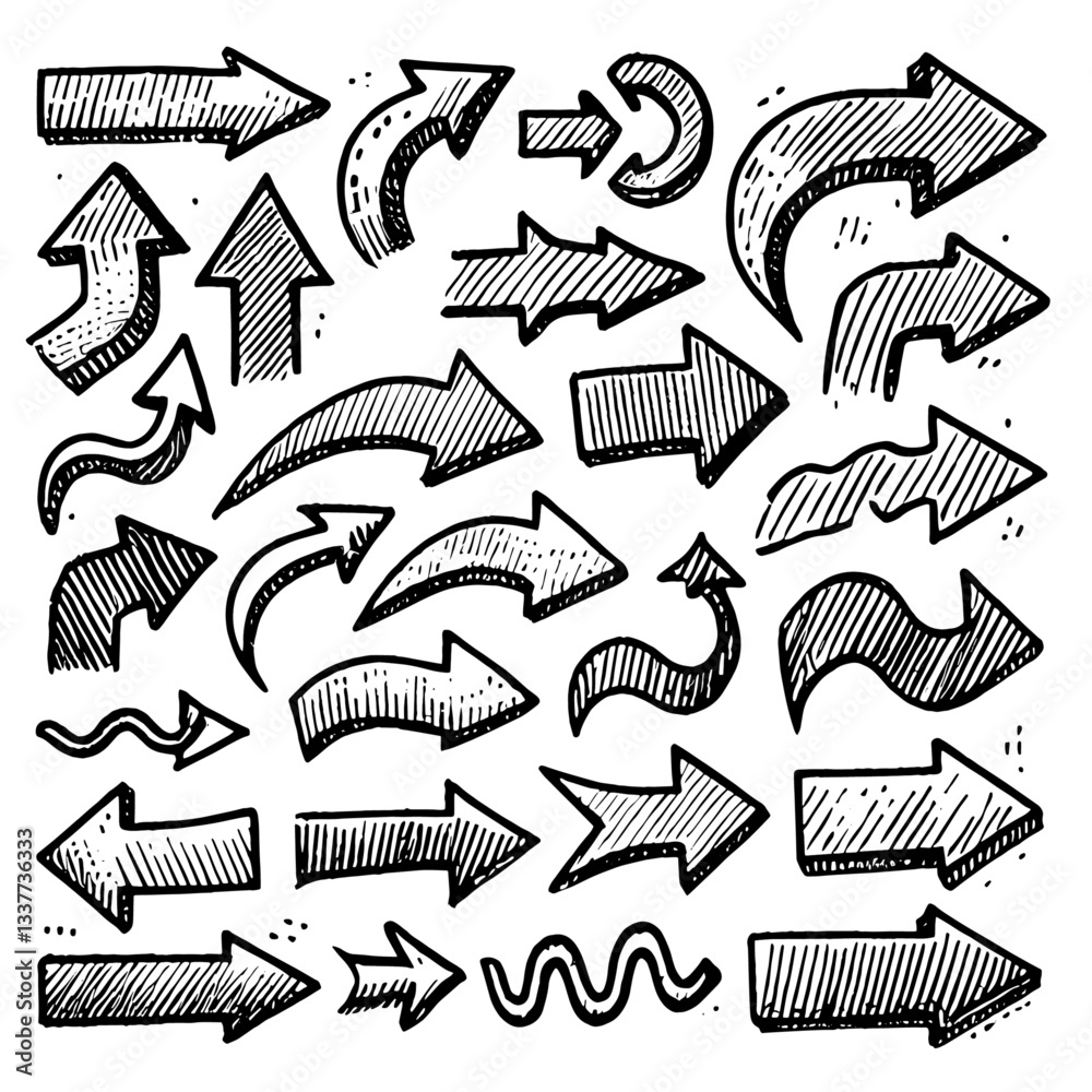 Set of black hand drawn arrows in multiple shapes Set of black hand drawn arrows in multiple shapes