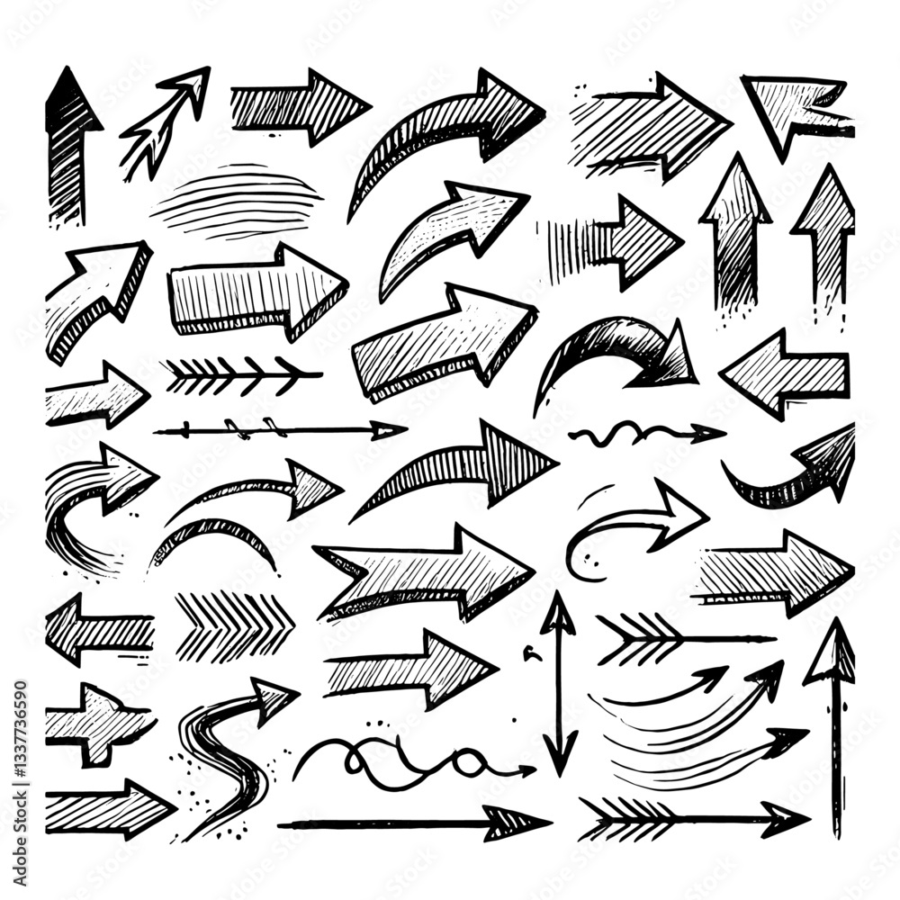 Set of black hand drawn arrows in multiple shapes Set of black hand drawn arrows in multiple shapes