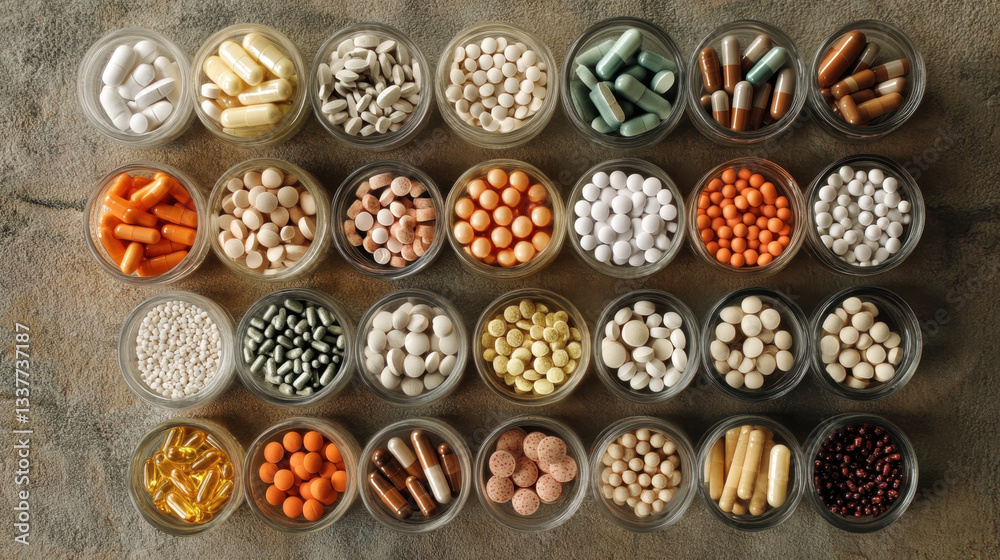 Obraz premium Assorted pills in rows on stone surface.