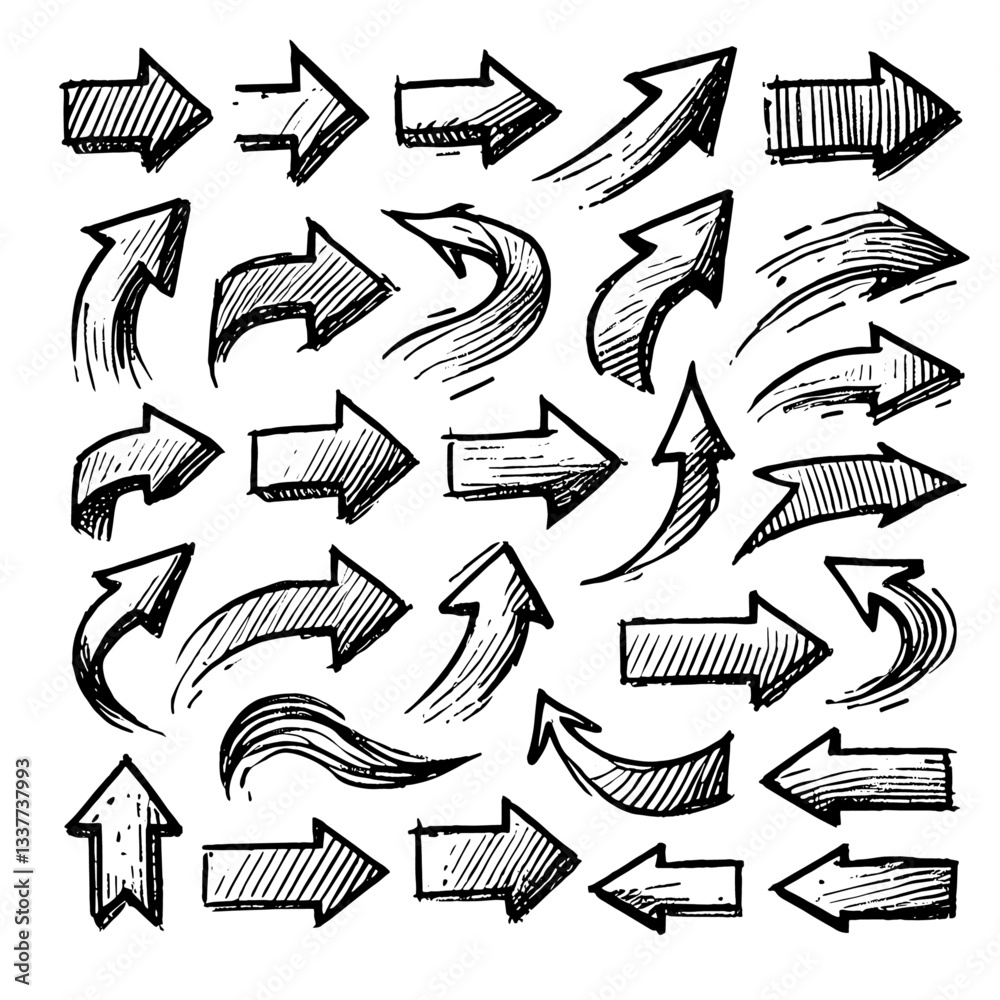 Set of black hand drawn arrows in multiple shapes Set of black hand drawn arrows in multiple shapes