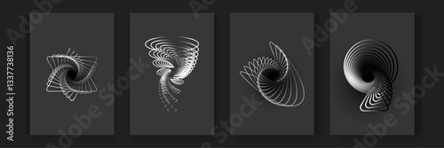 abstract black and white geometric patterns showcasing circular, line and spiral designs on minimal backgrounds poster vector background