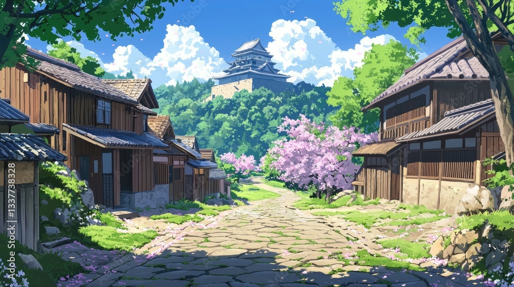 Fantasy ancient Japanese village with cherry blossoms and a castle on a hill. Perfect for storytelling, fantasy art, travel inspiration, and cultural heritage themes Fantasy ancient Japanese village with cherry blossoms and a castle on a hill. Perfect for storytelling, fantasy art, travel inspiration, and cultural heritage themes