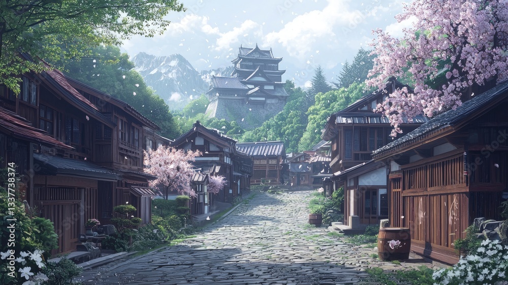 A traditional Japanese village with wooden houses, cobblestone streets, cherry blossoms, and a historic castle surrounded by lush mountains. Ideal for travel themes, cultural heritage, and spring A traditional Japanese village with wooden houses, cobblestone streets, cherry blossoms, and a historic castle surrounded by lush mountains. Ideal for travel themes, cultural heritage, and spring