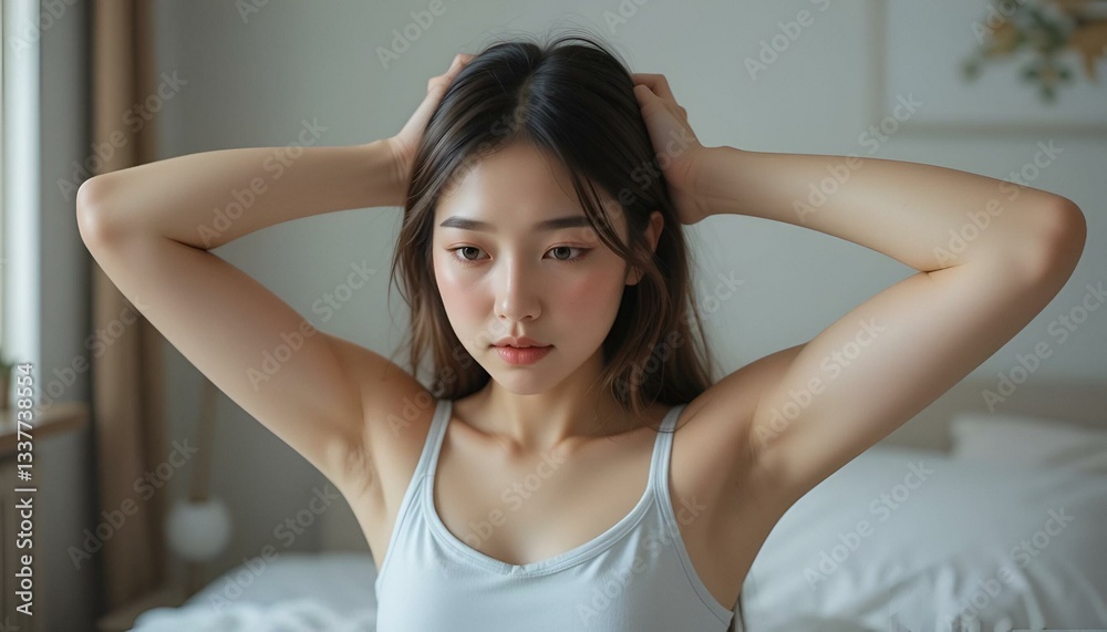 Asian woman feels uncomfortable because of armpit odor Asian woman feels uncomfortable because of armpit odor