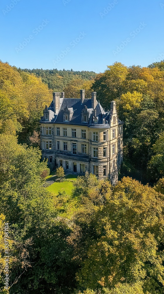 Obraz premium Majestic chateau nestled in a valley, surrounded by autumn foliage
