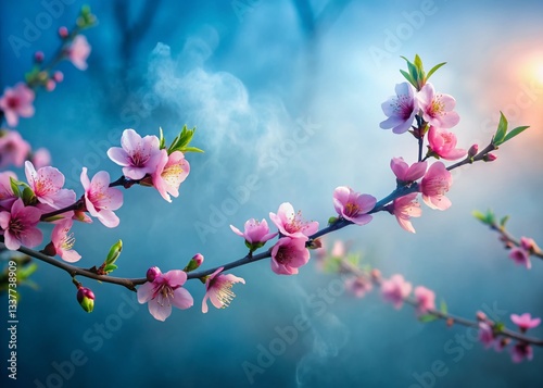 Misty Blue Sky, Delicate Peach Blossoms, Long Exposure Photography, Spring, Nature