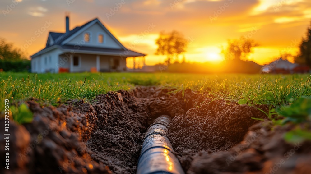 Obraz premium Close-up of a new plastic pipe for a sewage system in the ground on a green lawn near a house at sunset