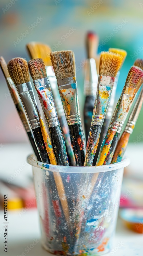 Fototapeta premium close-up photo of paint brushes in a plastic cup