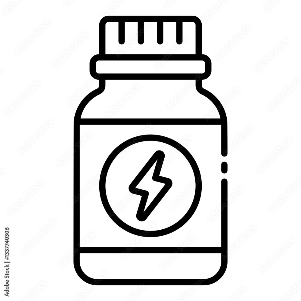 Fitness supplement bottle outline icon for muscle recovery and nutrition Fitness supplement bottle outline icon for muscle recovery and nutrition
