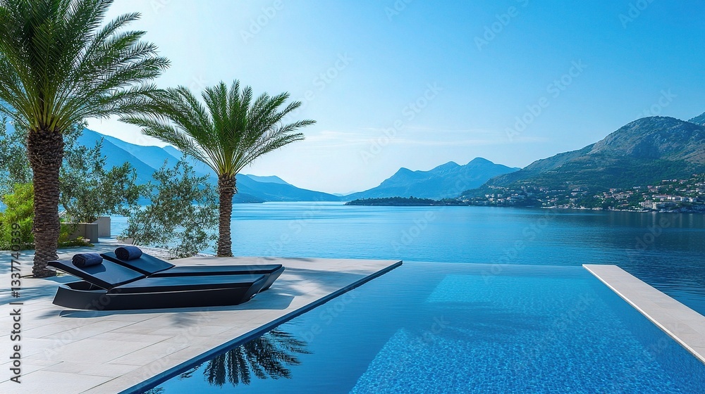 Tranquil Infinity Pool Overlooking Serene Ocean and Majestic Mountains Tranquil Infinity Pool Overlooking Serene Ocean and Majestic Mountains