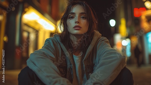 Woman sitting on city street at night.  Possible use Portrait photography