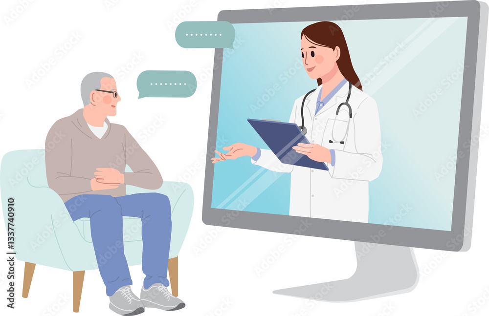An online consultation with a doctor via video call on a computer. An online consultation with a doctor via video call on a computer.