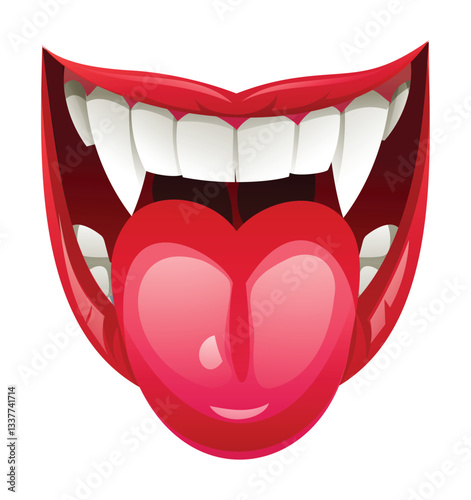 Dracula's mouth with wide smile, showing teeth with fangs and tongue. Vector cartoon illustration