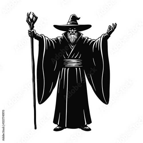 illustration of a witch with a sword | wizard with magic wand | Mysterious Wizard with Staff – Black and White Vector Illustration