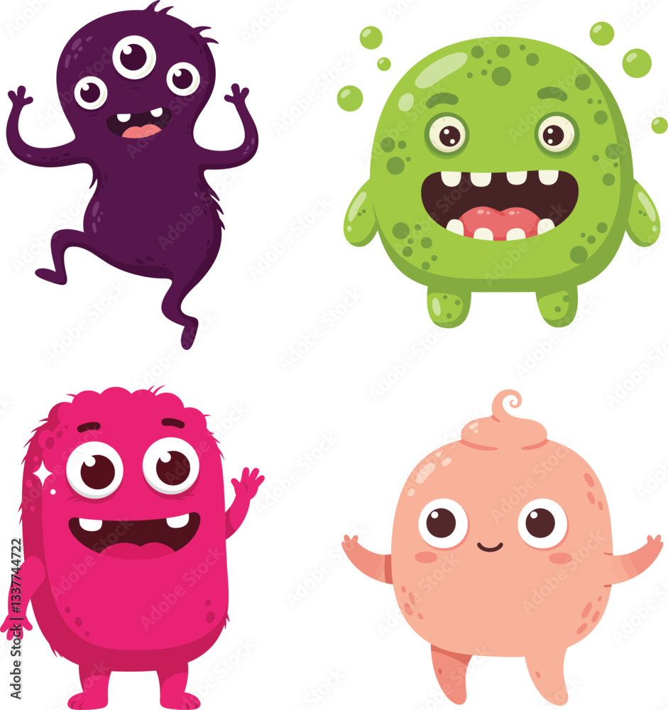 A Collection of Fun Cartoon Monsters with Various Colors and Unique Designs, Purple, Green, Magenta, Peach monster A Collection of Fun Cartoon Monsters with Various Colors and Unique Designs, Purple, Green, Magenta, Peach monster