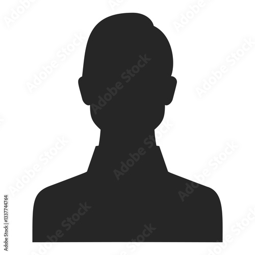 Black silhouette of man with short hair and collar. Unknown person for graphic design projects, icon, avatar, or user interface elements. Vector female figure portrait isolated on white background.