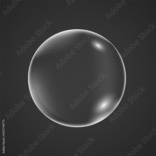 Realistic white soap with reflection isolated on transparent background. 3d clear circular air bubble on black backdrop. Vector png liquid round water drop shape illustration