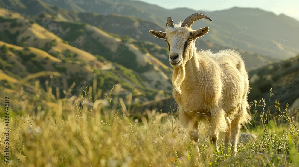 Fototapeta premium A majestic white goat stands gracefully in a sunlit meadow, surrounded by rolling hills and vibrant greenery.