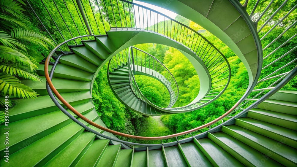 Fototapeta premium Modern Minimalist Green Spiral Staircase Panoramic Photography