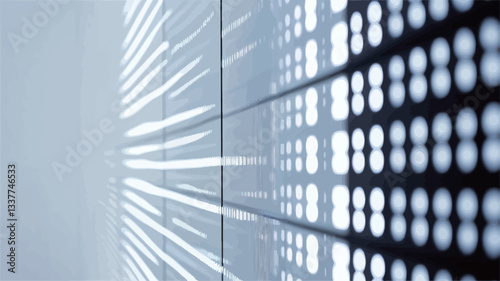 Close-up perspective shot of a wall featuring an abstract pattern created by lines and dots of varying sizes and intensities of light.  The color palette is predominantly shades of white, gray, and