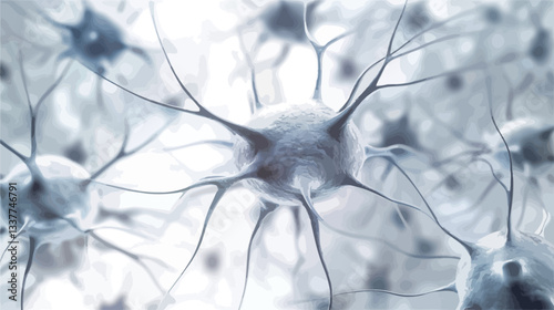 Close-up microscopic view of a neural network. The image shows numerous interconnected neurons with intricate branching structures.  The color palette consists primarily of shades of grey and