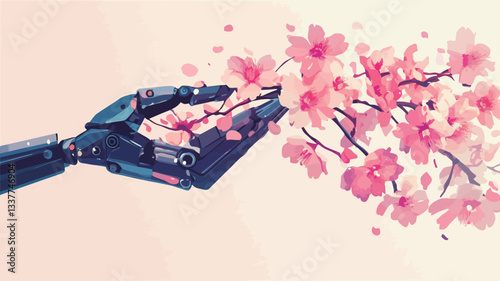 Digital illustration featuring a detailed rendering of a robotic hand interacting with a branch of delicate pink cherry blossoms. The style is a blend of realistic robotic detail and a painterly,