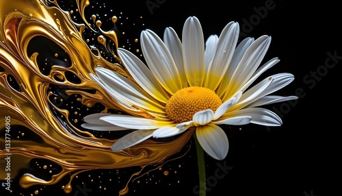 A stunning close-up of a delicate white-petaled flower, its petals pristine and soft, appearing to float in an ethereal underwater environment. Swirling clouds of yellow and orange paint billow around