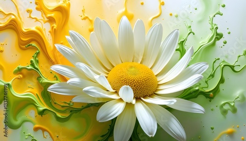A stunning close-up of a delicate white-petaled flower, its petals pristine and soft, appearing to float in an ethereal underwater environment. Swirling clouds of yellow and orange paint billow around