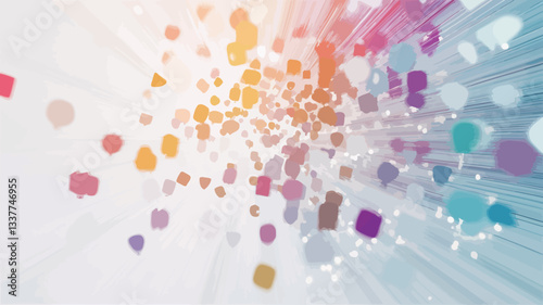 The image is an abstract digital illustration featuring a multitude of small, multicolored shapes dispersed across a white background.  The shapes appear to radiate outward from a central point,