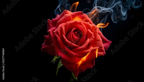 A powerful 4K close-up of a single red dried rose, frozen in the moment as fire engulfs it. The flames dance around the flower, consuming its petals layer by layer, while tendrils of smoke rise into 